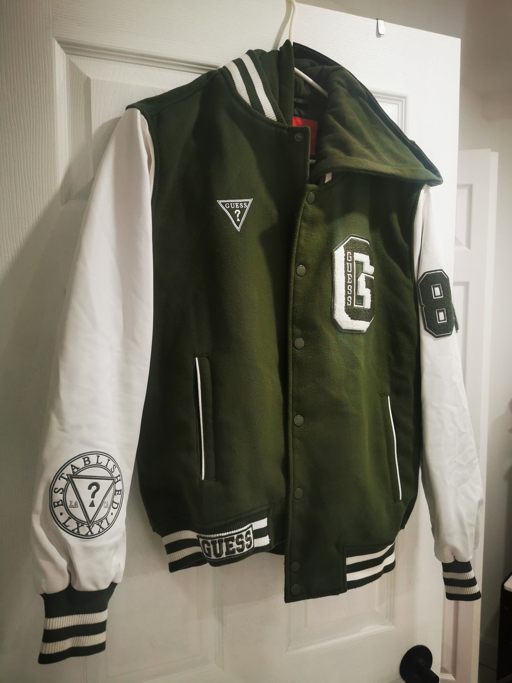 GUESS Olive Green and White Varsity Bomber Jacket